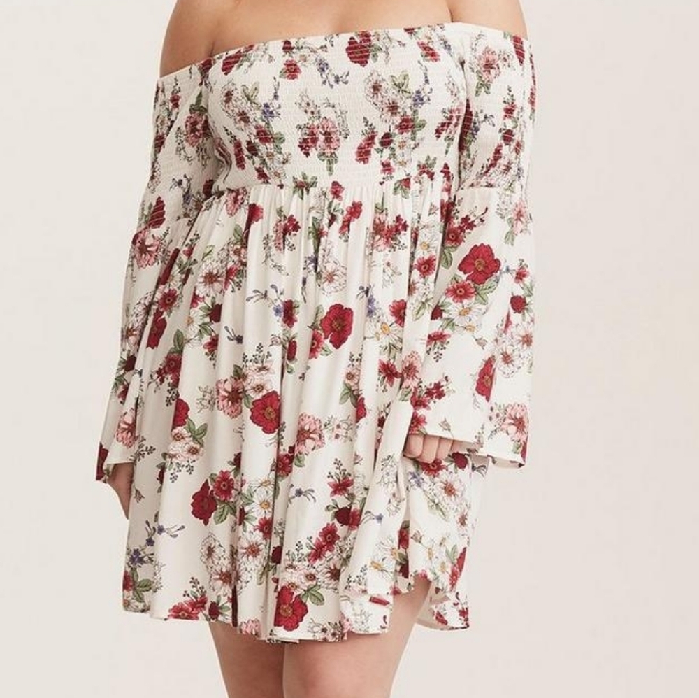 Torrid Mini Challis off-shoulder white floral bell sleeve smocked skater dress 1 - Picture 2 of 7